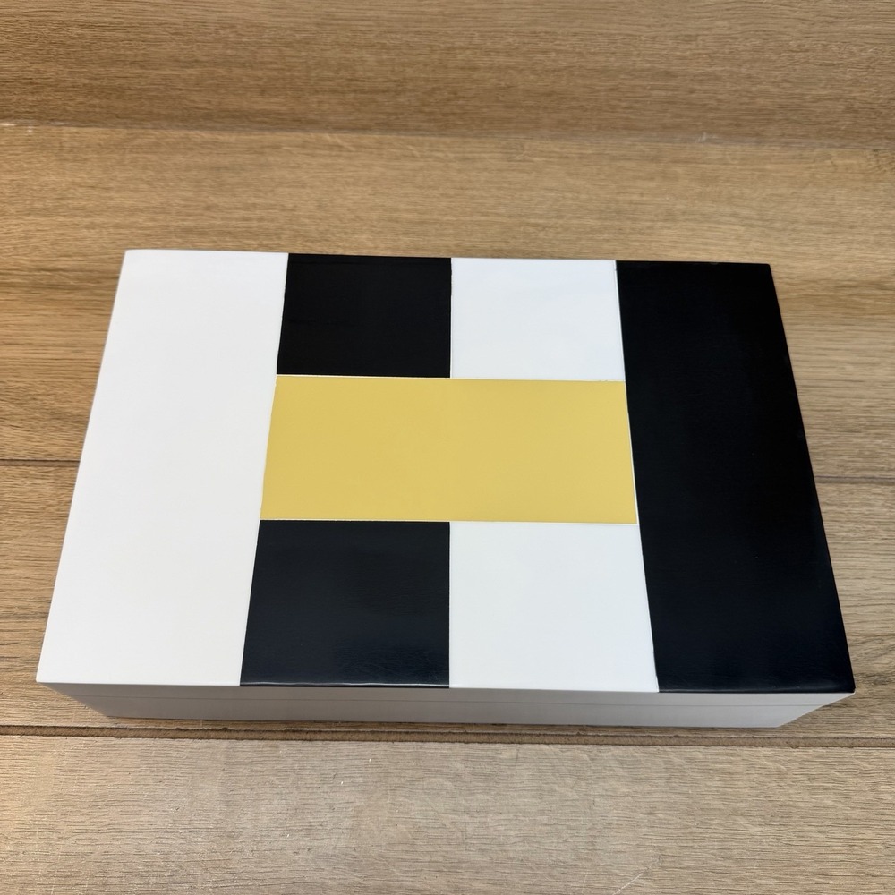 Handmade Wood Storage Stash Trinket Box Black Yellow White Geometric Hinged READ